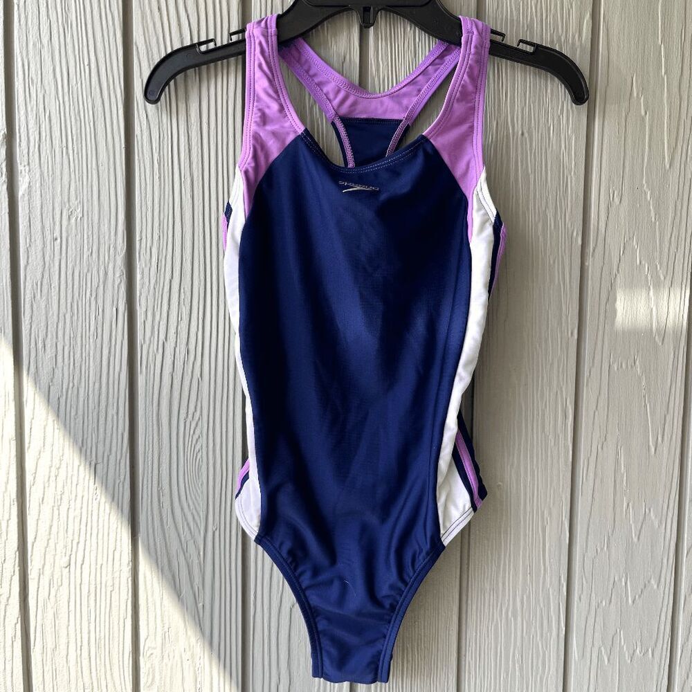 Speedo Colorblock Racerback One-Piece Swimsuit Navy Lavender White Women's 28/30